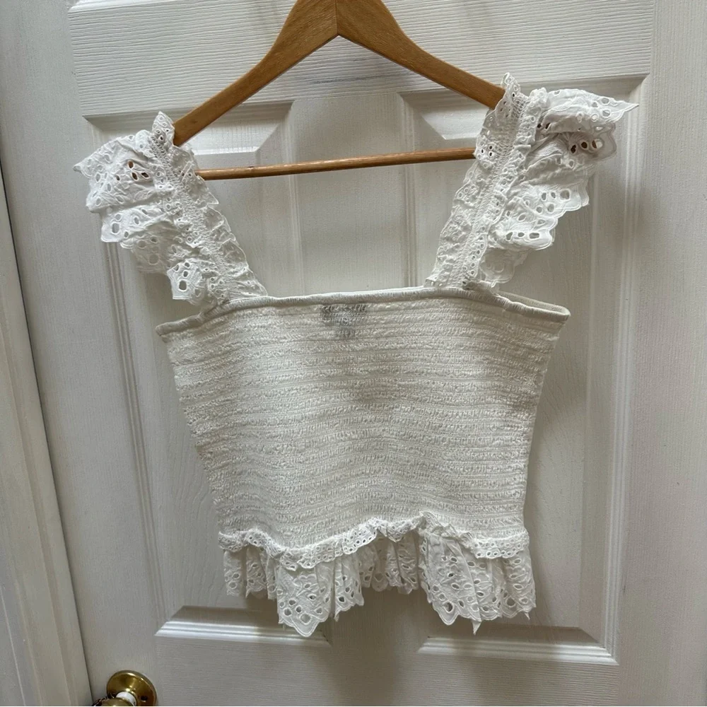 ME+EM White Cotton Delicate Broderie Shirred Top smocked flare 10 tank cropped - Picture 6 of 9